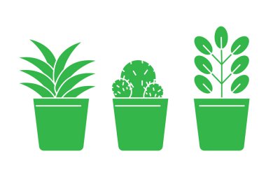 Çizgi film yeşil saksılar yeşil saksılar. İç dizayn. Ev ikonu. Çiçek arkaplan. Vektör çizimi. Resim yükle.