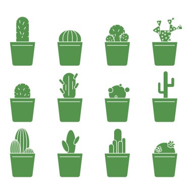 Çizgi film yeşil saksılar yeşil saksılar. İç dizayn. Ev ikonu. Çiçek arkaplan. Vektör çizimi. Resim yükle.