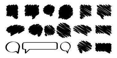 Fırça karalama konuşma simgeleri. Yıldız patlaması çizgisi. Ok simgesi. İletişim simgesi ayarlandı. Vektör çizimi. Resim yükle.