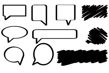 Fırça karalama konuşma simgeleri. Yıldız patlaması çizgisi. Ok simgesi. İletişim simgesi ayarlandı. Vektör çizimi. Resim yükle.