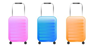 çok renkli bavullar. Çizgi film seti. Çok renkli bavullar. Seyahat sembolü. İş konsepti. Vektör çizimi. Resim yükle.