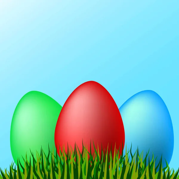 Drie veelkleurige eieren in het gras. Feestelijk concert. Vectorillustratie — Stockvector