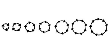 Dairesel oklar. Grafik simgesi vektör seti. İmleç işareti. Geri dönüşüm simgesi. İleti simgesi. Vektör çizimi. Resim yükle.