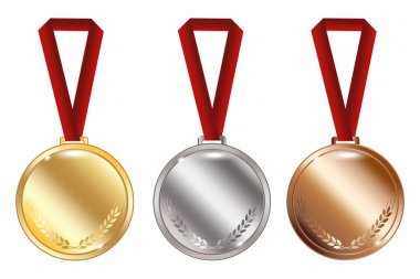 Kutlama tasarımı için üç boş madalya. Beyaz arka plan. Vektör çizimi. Resim yükle.