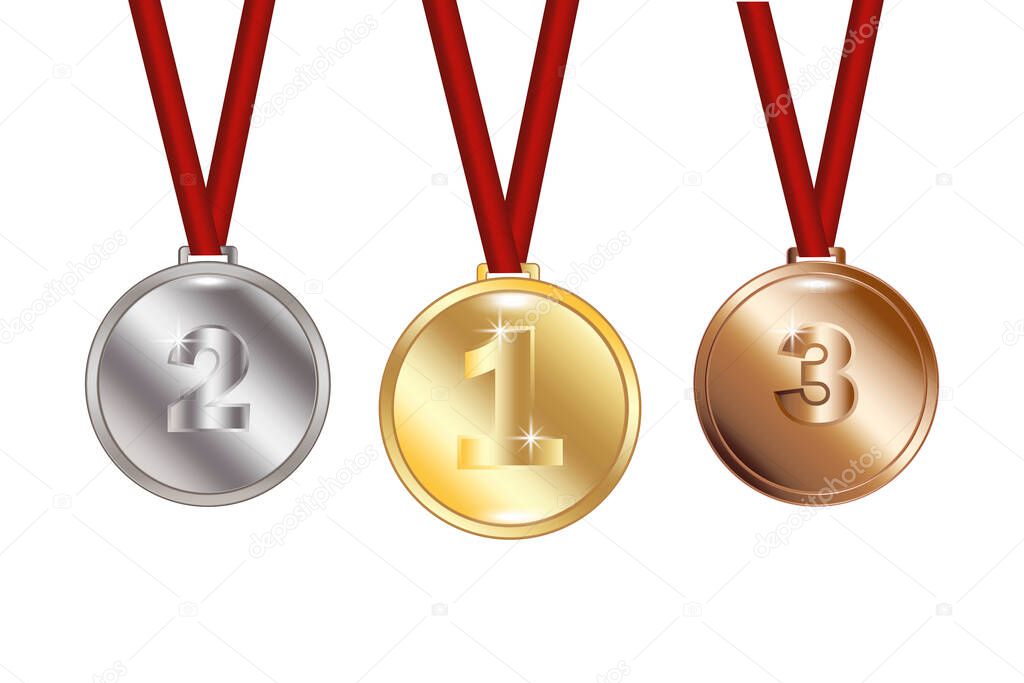 three medals for celebration design. Winner award. Championship trophy. Vector illustration. Stock image.