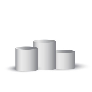 Üç boyutlu gri podyum. Stüdyo podyumu. Yuvarlak kaide duruşu. Vektör çizimi. Resim yükle.