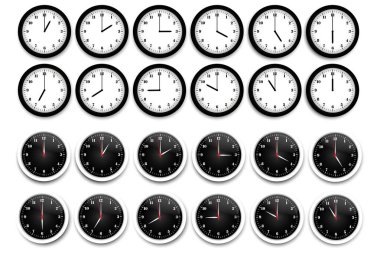 Clock icon set. Watch, time icon vector. Realistic wall clock set. Time icon set. Vector illustration. Stock image.  clipart