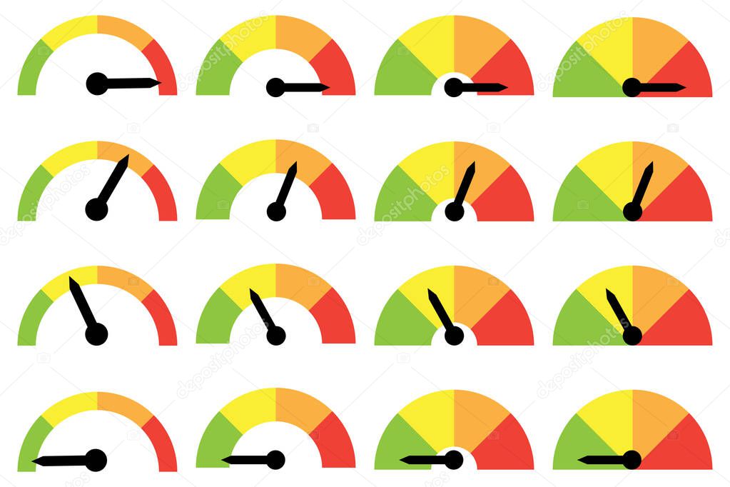 Color speedometer icons set. Progress performance chart. Scale meter. Infographic design. Vector illustration. Stock image. 