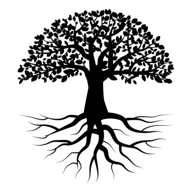 Kökleri olan siyah bir ağaç. Beyaz arka plan. Dekoratif tasarım için simge. Doğa sanatı. Vektör çizimi. Resim yükle. 