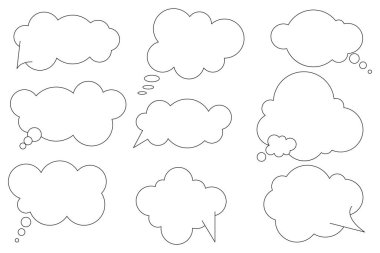 Siyah konuşma bulutu simgesi ayarlandı. İletişim arkaplanı. Basit bir tasarım. Mürekkep çizimi. Vektör çizimi. Resim yükle.