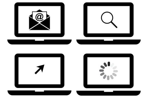 Laptop con cursore, e-mail aperta, icona del processo di ricerca e caricamento. Tecnologia informatica. Illustrazione vettoriale. Immagine stock. — Vettoriale Stock