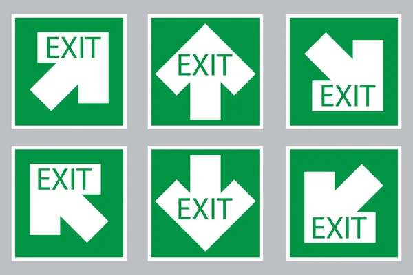 Exit sign with white arrow up, down, diagonal on green background. Evacuation emblem. Vector illustration. Stock image. — Stock Vector