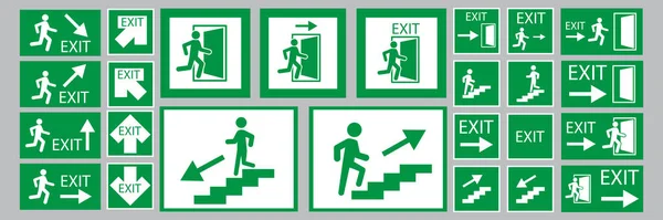 Exit signs. Evacuation symbol. Safety notice. White backdrop. Green background. Vector illustration. Stock image. — Stock Vector