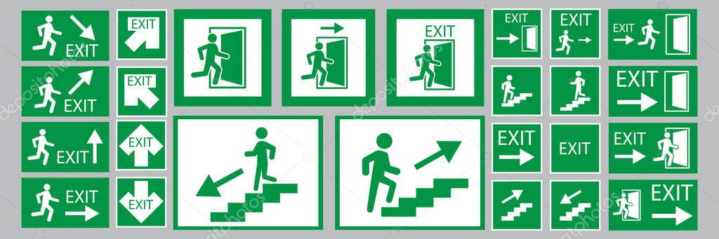 Exit signs. Evacuation symbol. Safety notice. White backdrop. Green background. Vector illustration. Stock image.