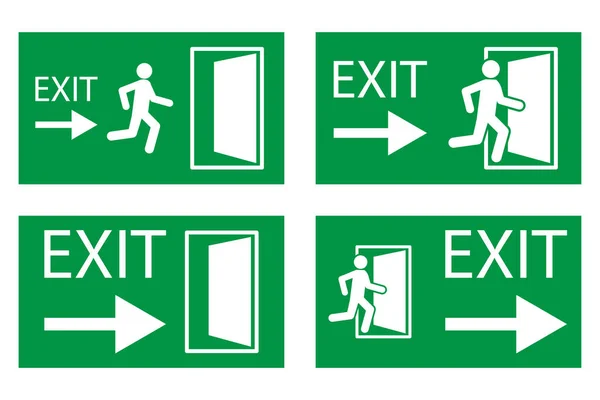 Běžící muž a výjezd dveře znamení na zeleném pozadí. Izolovaná ikona nouzového východu. Vektorová ilustrace. Stock image. — Stockový vektor
