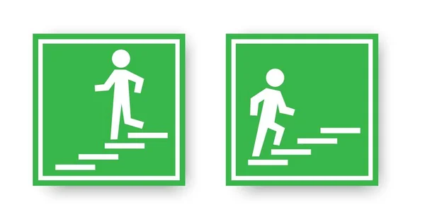 Icône des escaliers en bas et en haut dans le cadre sur fond vert. Panneau d'évacuation d'urgence. Illustration vectorielle. Image de stock. — Image vectorielle