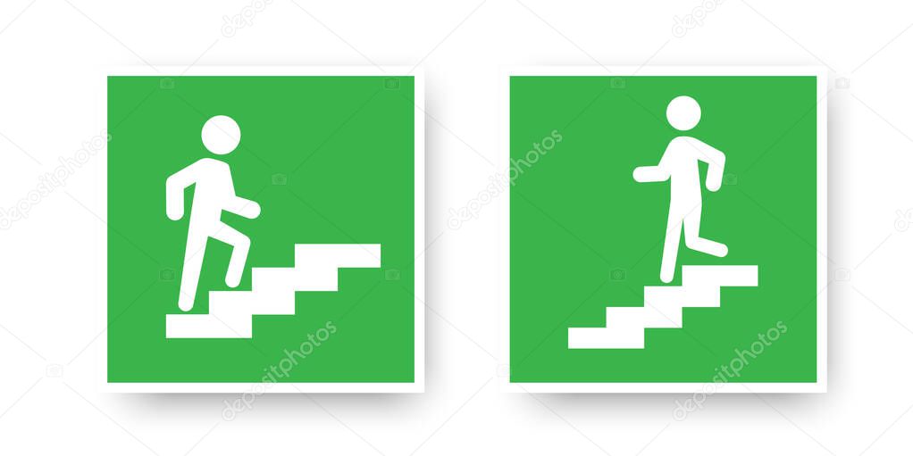 Go down and up stairs icon in white frame on green backdrop. Emergency evacuation. Vector illustration. Stock image.