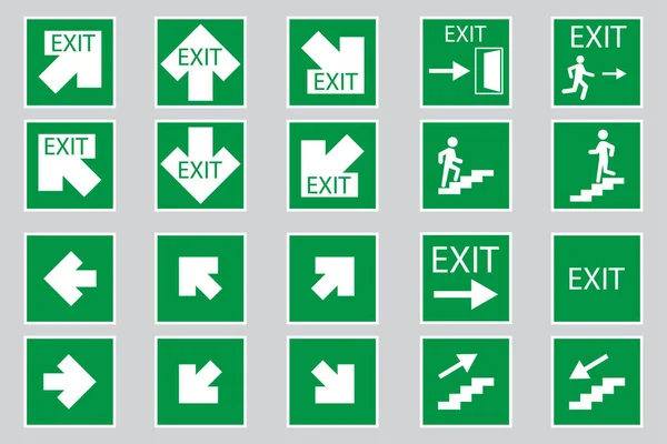 Exit arrows signs set. Evacuation symbol. Safety notice. Emergency background. Vector illustration. Stock image. — Stock Vector