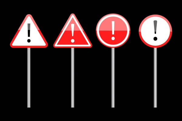 Rood gevarenpictogram op een kolom. Waarschuwingsborden. Zwarte achtergrond. Snelweg. Vector illustratie. Voorraadafbeelding. — Stockvector