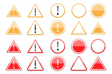 Kırmızı ve sarı tehlike ikonu hazır. Yol işaretleri boş. Üçgen ve daire işareti. Vektör çizimi. Resim yükle.