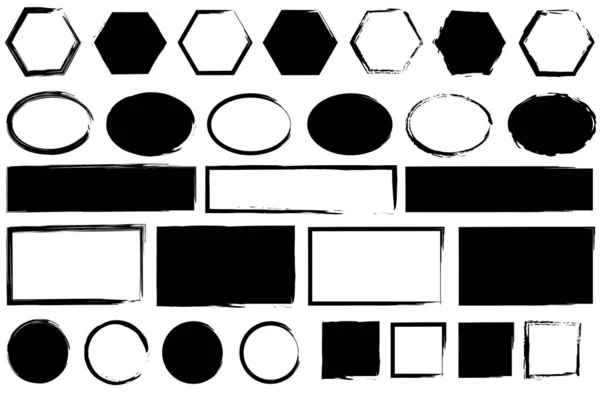 Schwarze Tinte geometrisches Figurensymbol. Sechseck, Oval, Rechteck, Kreis, eckige Embleme. Vektorillustration. Archivbild. — Stockvektor