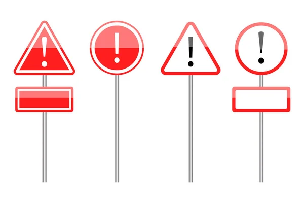 柱の上に三角形と円の道路のマーク。赤の警告サインだ。赤い危険アイコンセット。ベクトルイラスト。ストック画像. — ストックベクタ
