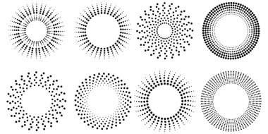 Noktalı dairesel simge seti. Soyut illüstrasyon. El çizimi sanat. Fütürist unsur. Vektör çizimi. Resim yükle.