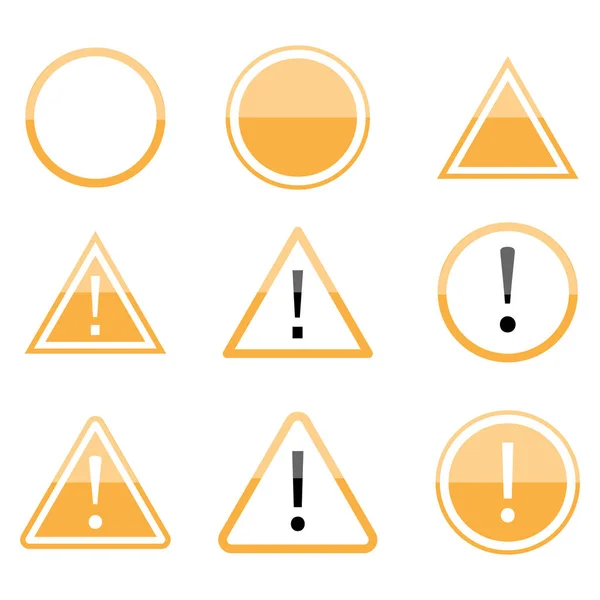 Gele waarschuwingsborden leeg. Gouden gevaar pictogram ingesteld. Driehoek en cirkel wegwijzer. Vector illustratie. Voorraadafbeelding. — Stockvector
