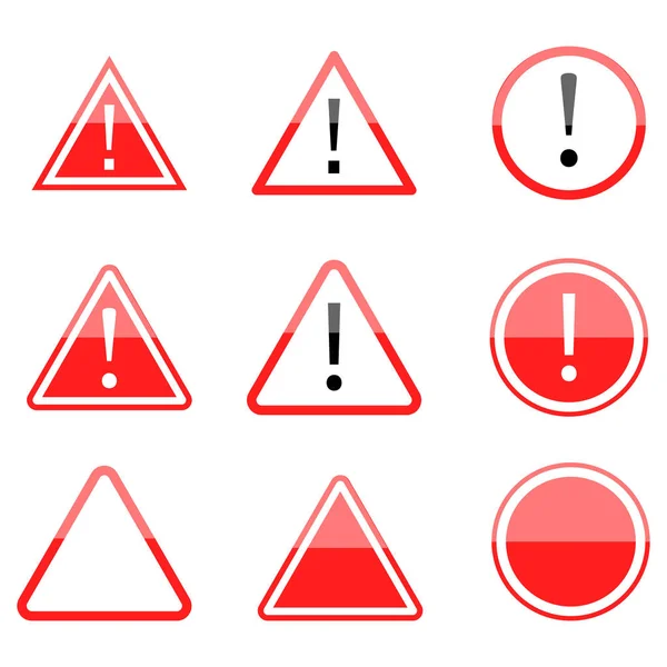 Veel rood gevarenpictogram. Wegverkeer. Waarschuwingsborden. Driehoek en cirkel markering. Vector illustratie. Voorraadafbeelding. — Stockvector