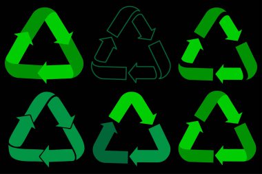 Geri dönüşüm üçgeni simgesi. Siyah arka planda yeşil amblem. Ok işareti. Doğayı kurtar. Vektör çizimi. Resim yükle.