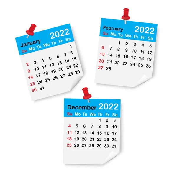 Kalendarz zimowy 2022. Niebieskie strony kalendarza. Czerwona spinka. Organizuję tło. Ilustracja wektora. Obraz zapasów. — Wektor stockowy