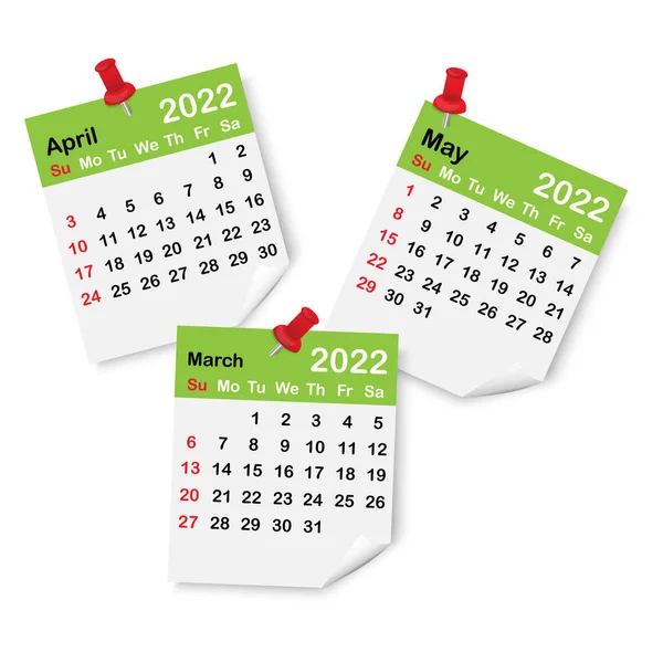 緑色のカレンダーページアイコン。2022年春。赤い描画ピン。日記のサインだ。壁のリスト。ベクトルイラスト。ストック画像. — ストックベクタ