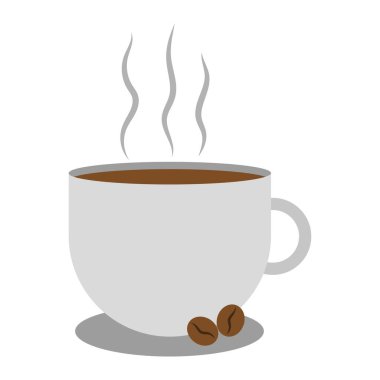 Coffee beans mug. Hot beverage steam. Caffeine drink white cup. Vector illustration object. EPS 10.