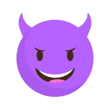 Mor şeytan suratı. Mutlu kötü maskotu. Gülümseyen iblis Vektör karakteri. Şakacı boynuzlu emoji. EPS 10.