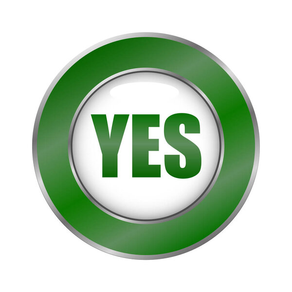 Да значок кнопки. Зеленый символ одобрения. Металлический круглый элемент. Подписание векторного соглашения. EPS 10.