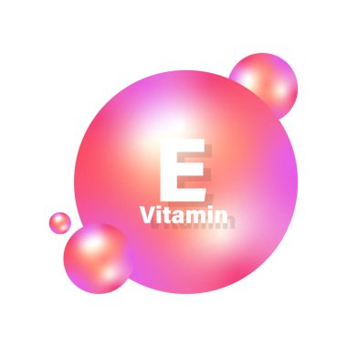 E vitamini ikonu. Pembe küre topu. Antioksidan besin taşıyıcısı. Parlak daire işareti. EPS 10.