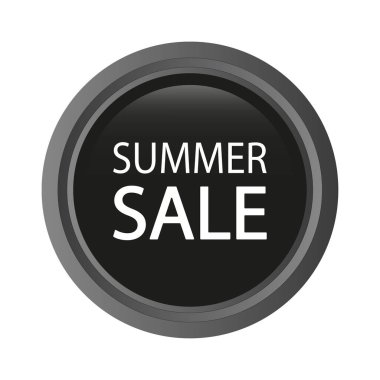 Siyah parlak düğme. Yaz Satışı Vektörü metni. Pazarlama tanıtım amblemi. Yuvarlak şekil vurgusu. EPS 10.