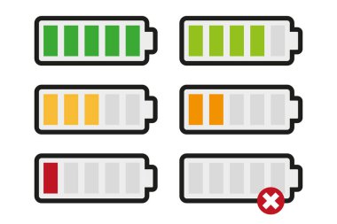 Profesyonel batarya durumu alarmı. Mobil güç düzeyi Vektörü. Elektrik enerjisi göstergesi. Arşivleyici hata sembolü. EPS 10.