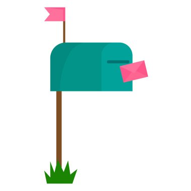 Posta kutusu resimleme. Yeşil posta konteynırı. Pembe Harf Vektörü. Çimen bahçesi detayı. EPS 10.