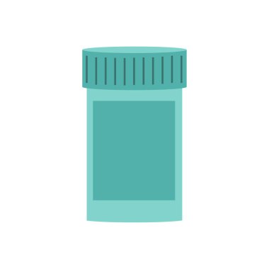 İlaç şişesi. Eczane plastik konteynırı. İlaç depolama vektörü. Turkuaz uyuşturucu kavanozu. EPS 10.