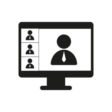 Video konferans ikonu. Çevrimiçi buluşma sembolü. Sanal ofis vektörü. Bilgisayar ekranı elemanı. EPS 10.