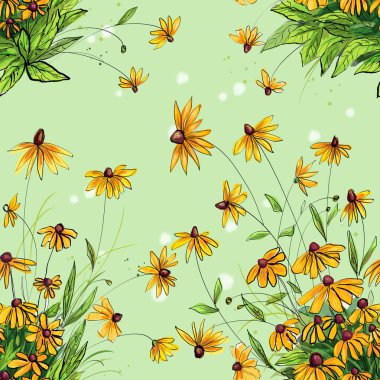 Yeşil arka planda sarı çiçekli bitkisel desen