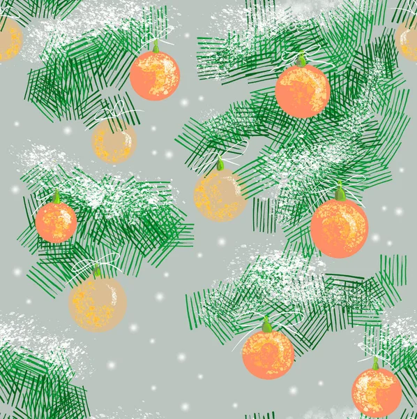Χριστουγεννιάτικο Μοτίβο Πορτοκαλί Μπάλες Κλαδιά Και Χιόνι Γκρι Φόντο — Φωτογραφία Αρχείου