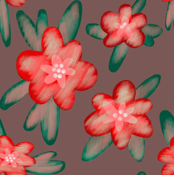 灰粉色背景上的红花无缝图案 — 图库照片