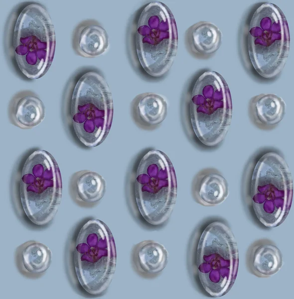 Precious stones with orchids and crystal balls realistic 3D pattern
