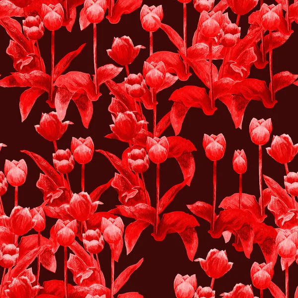Red tulips pattern on burgundy background for textile, wrapping paper, covers and many others. High quality illustration