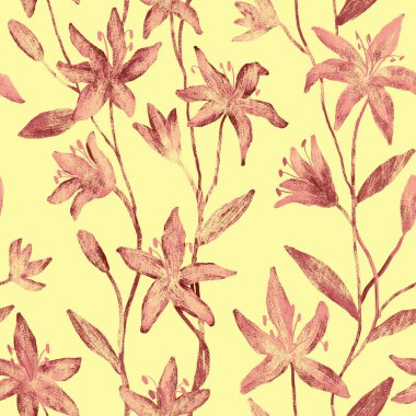 Açık sarı arkaplanda pembe zambak deseni