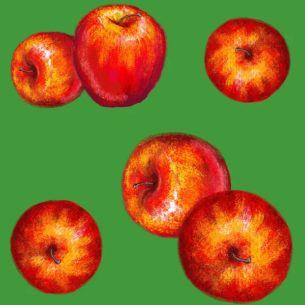 Yeşil arka planda kırmızı elmalar gerçekçi el çizimi deseni — Stok fotoğraf