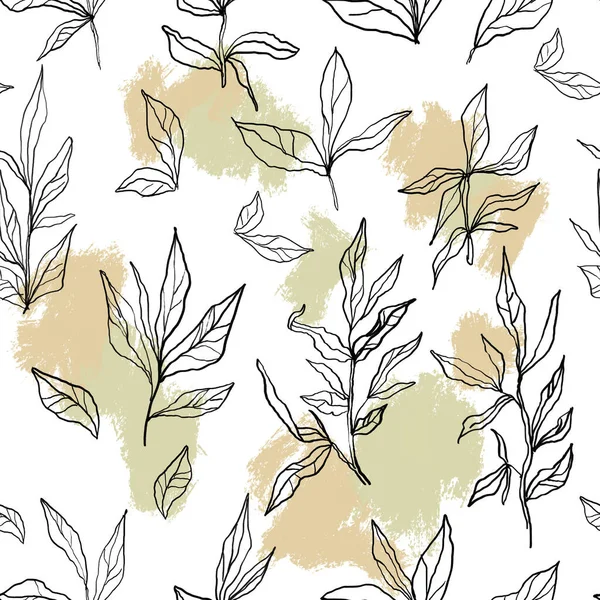 Seamless pattern with linear leaves with spots of pastel colours in black background