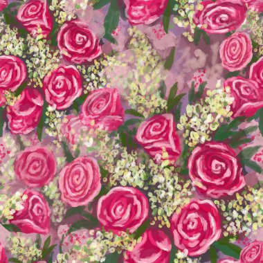 Pembe güller, yeşil yapraklar ve küçük beyaz çiçekler.